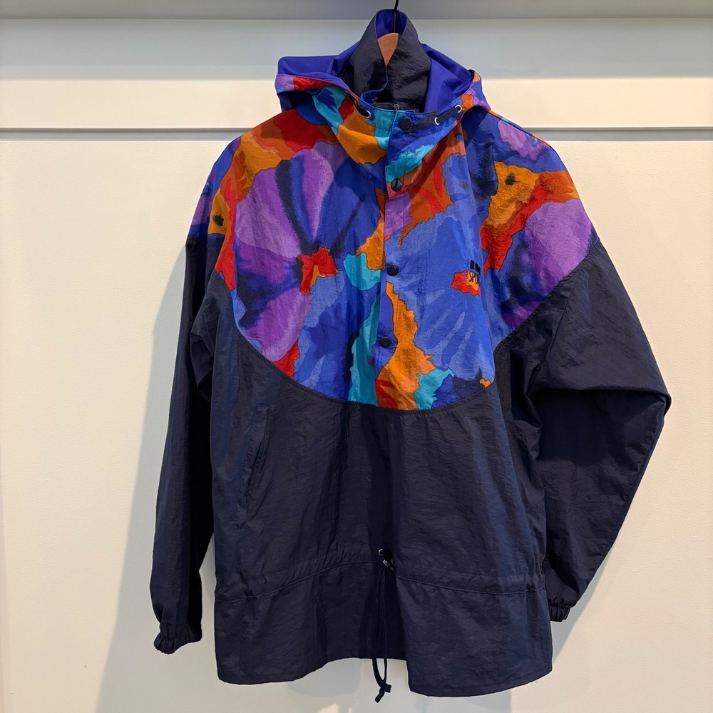 In Sport Windbreaker Anorak Women Small Navy Blue Vintage Abstract Floral Print